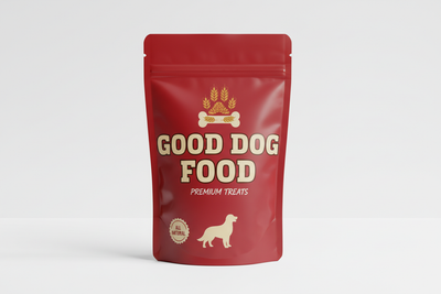 Red Dog treats bag with "Good dog food" written on it