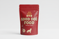 Red Dog treats bag with "Good dog food" written on it